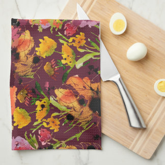 Toalla de té con flores pintadas a mano con tinta