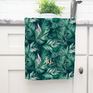 Toalla de té con monograma de hojas tropicales ros
