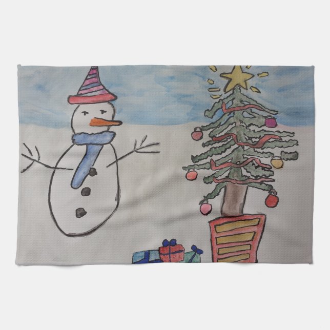 Toalla de té de árbol de Navidad y muñeco de nieve (Horizontal)