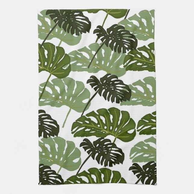 Toalla de té de hojas de Monstera en cocina verde (Vertical)