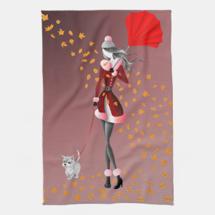 Toalla de té de hojas de otoño rojas de perro y da