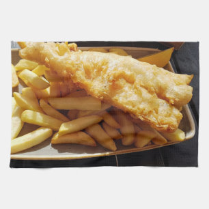 Toalla de té de los pescado frito con patatas