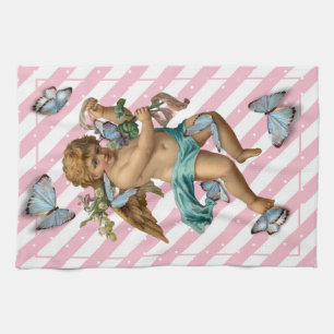 Toalla de té de mariposa de Cherub azul rosado