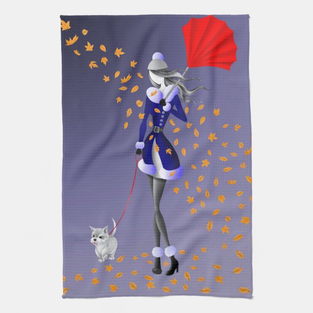 Toalla de té de otoño con perro y dama azul (Vertical)