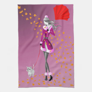 Toalla de té de perro y dama Hojas de otoño rosa