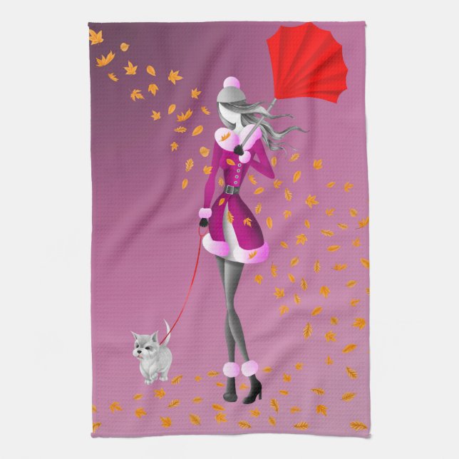 Toalla de té de perro y dama Hojas de otoño rosa (Vertical)