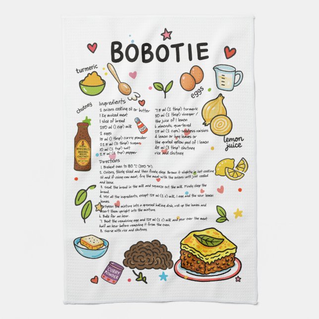 Toalla de té de receta ilustrada Bobotie para Sudá (Vertical)
