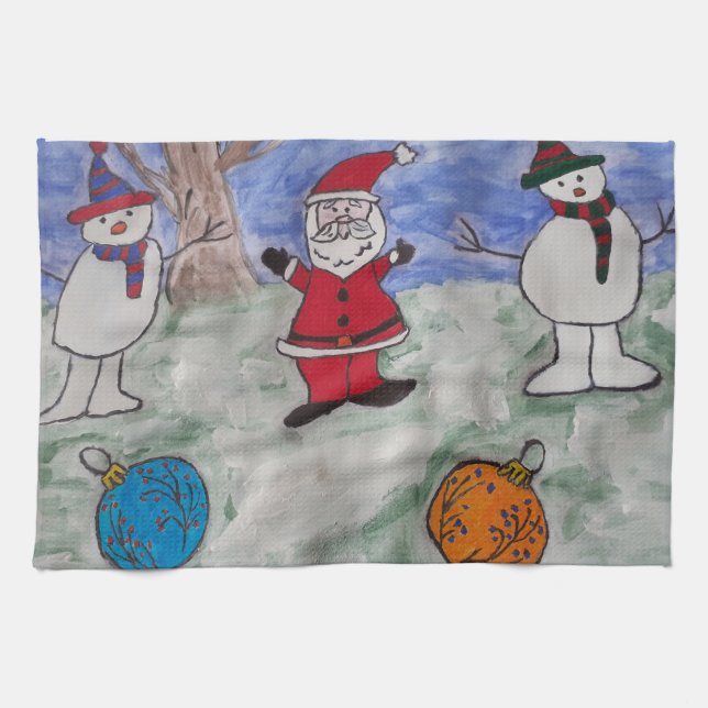 Toalla de té de Santa y Snowmen (Horizontal)