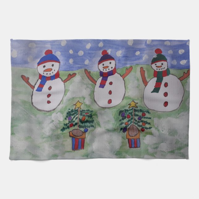 Toalla de té de tres muñecos de nieve de Navidad (Horizontal)