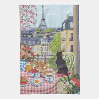Toalla de té del balcón de París Gato Desayuno Tor