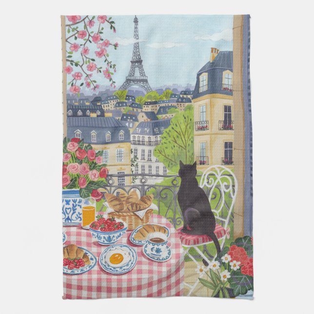 Toalla de té del balcón de París Gato Desayuno Tor (Vertical)