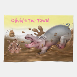 Toalla de té divertida Hippos en el barro. Nombre 