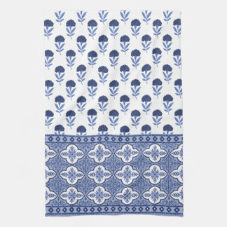 Toalla de té estilo boho blanco azul