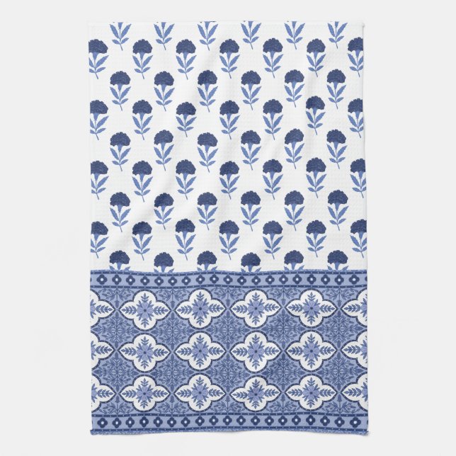 Toalla de té estilo boho blanco azul (Vertical)