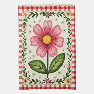 Toalla de té floral de gingham bonita.