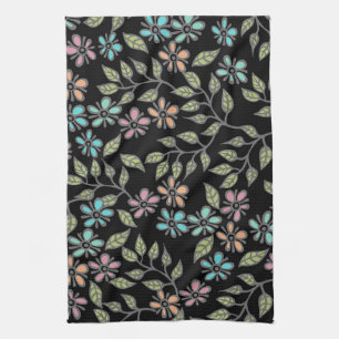 Toalla de té floral multicolor con negro