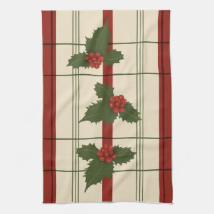 Toalla de té holly en rojos y verdes
