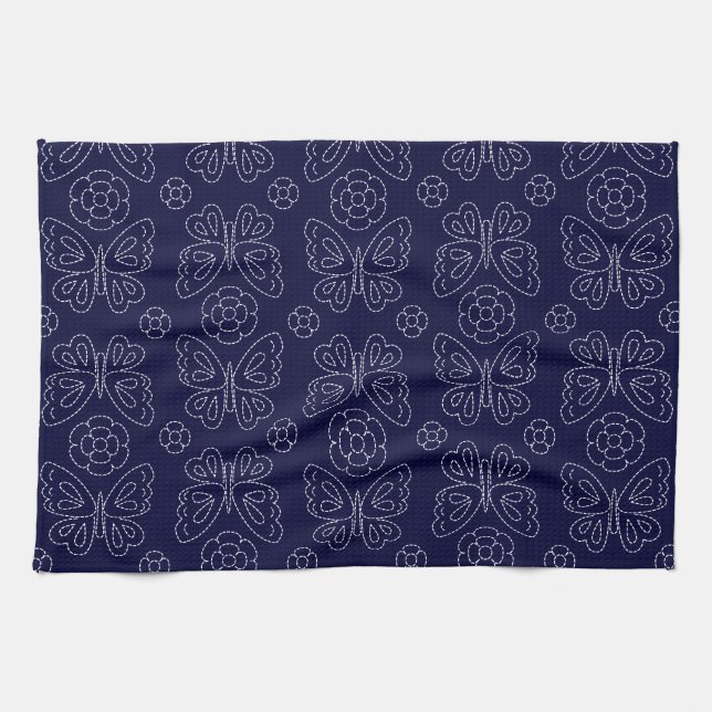 Toalla de té japonesa de Sashiko de la mariposa (Horizontal)