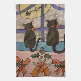 Toalla de té para Navidades de gato negro