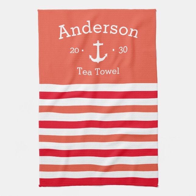 Toalla de té personalizada - Náutica rayada O/roja (Vertical)