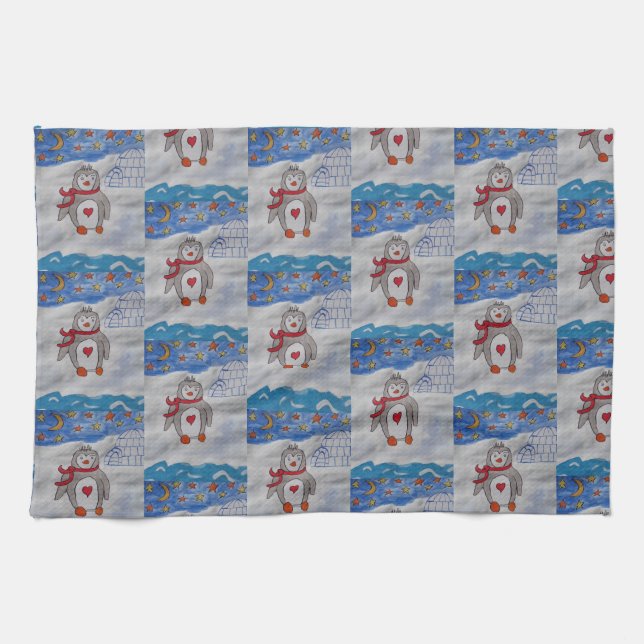 Toalla de té pingüino de nieve en invierno (Horizontal)