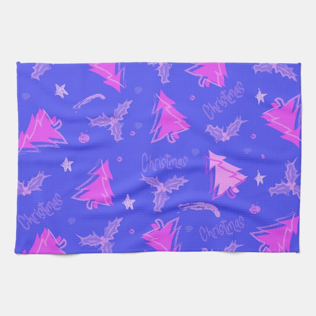 Toalla de té rosa y púrpura de árbol de Navidad (Horizontal)