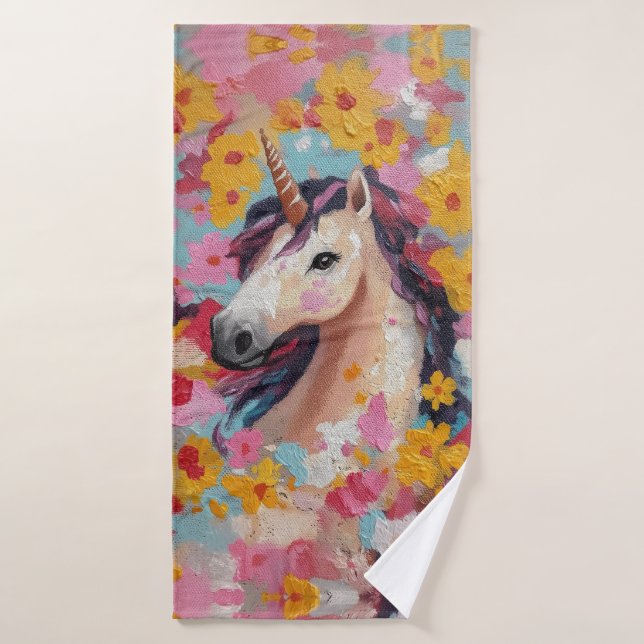 Toalla de unicornio y flores para Chica (Toalla de baño)