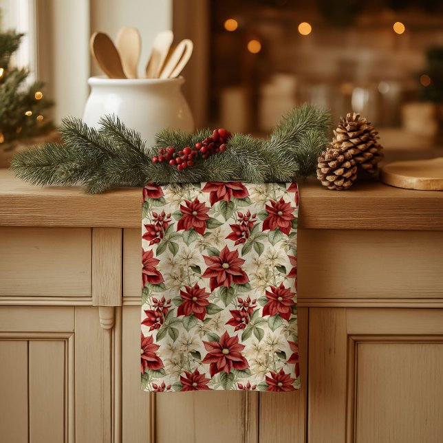 Toalla de vacaciones rústica Flores de Navidad acu (Rustic Holiday Towel Watercolor Christmas Flowers)