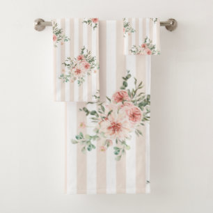 Toalla Fija El Vertido Floral Rosa De Rubor. Rayas