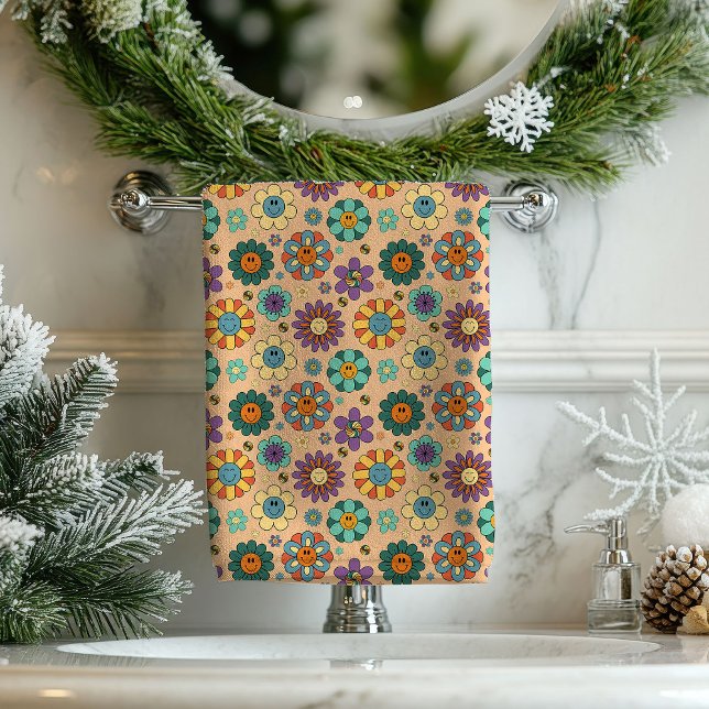 Toalla Floral Retro Acento de Estilo de Baño Boho  (Retro Floral Towel 60s Boho Bath Style Accent)
