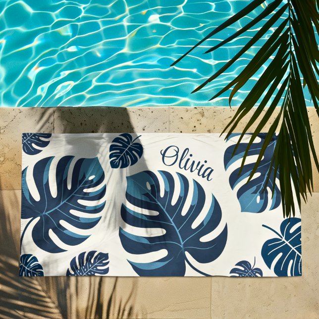 Toalla moderna de playa de hojas de Monstera azul  (Subido por el creador)