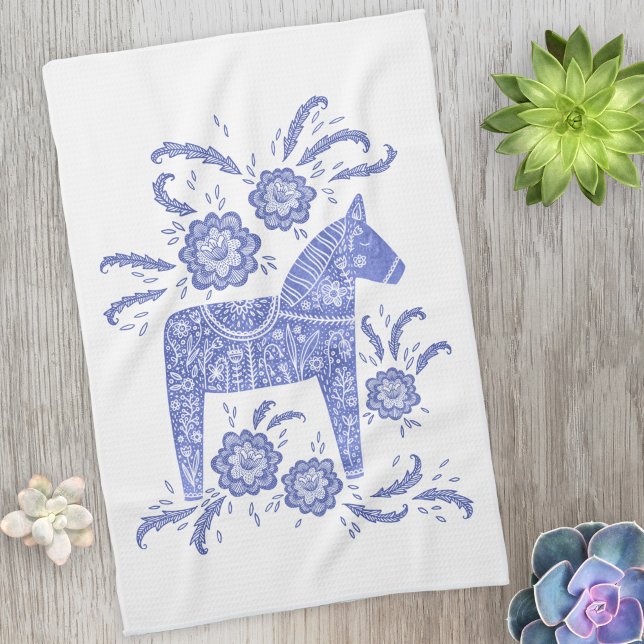 Toalla sueca de cocina blanca y azul de caballo Da (Blue and white Swedish Dala Horse folk art kitchen tea towel)