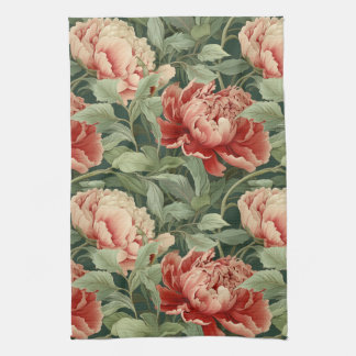 Toalla Vintage De Té Peony En Coral, Rubor & Sage