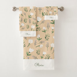 Toallas con nombre personalizado: flores blancas s
