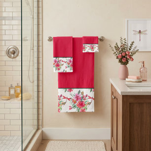Toallas de baño con flores rosadas y patrón de lib
