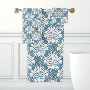 Toallas de baño de conchas marinas azules y blanca