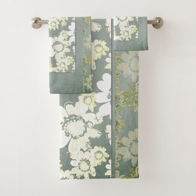 Toallas de baño de encaje floral blanco y gris (In situ)