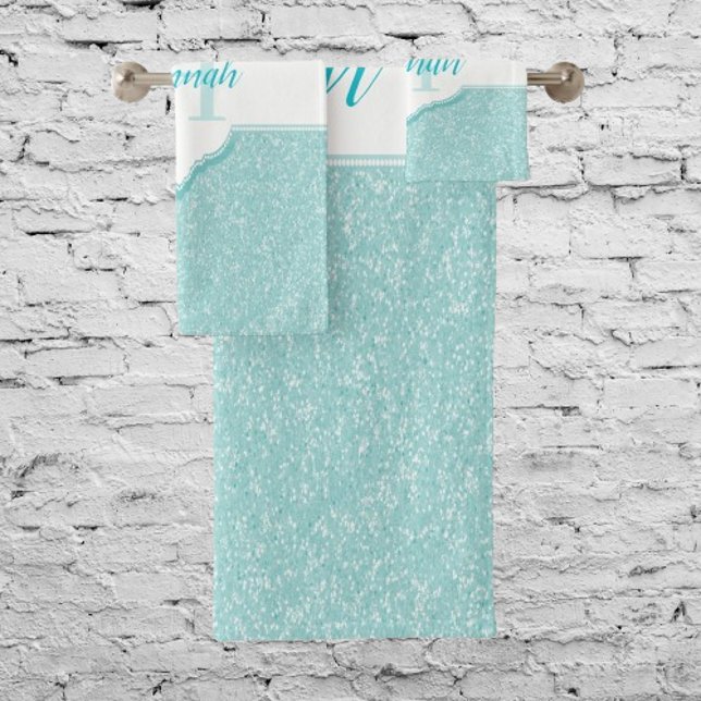 Toallas de baño de Monograma Purpurina verde azula (Teal Glitter Monogram Bath Towels)