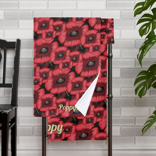 Toallas De Baño Floral De Poppies Rojos Modernos (A red and black poppy pattern bath towel set with space for your name)