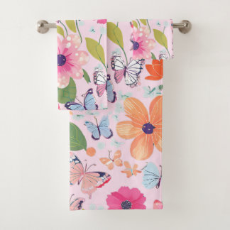 Toallas de baño mariposas y flores, rosa