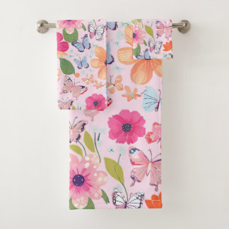 Toallas de baño mariposas y flores, rosa