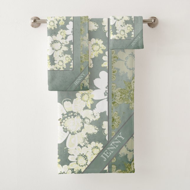 Toallas de baño monogramo de encaje floral blanco  (In situ)