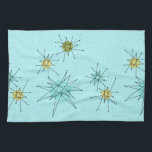 Toallas de cocina atómicas azules de Starbursts<br><div class="desc">Las toallas de cocina atómicas icónicas azules de Starbursts del huevo de este petirrojo modelan starbursts atómicos icónicos de las características. ¡Eso correcto! La escuela vieja, fondo coloreado azul del huevo del petirrojo con los puntos del oro es el contexto perfecto para la turquesa vibrante, el apio calmante, y los...</div>