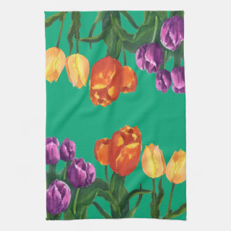 Toallas de cocina con campos de tulipanes acuarela