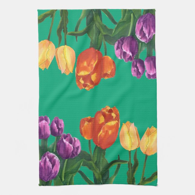 Toallas de cocina con campos de tulipanes acuarela (Vertical)