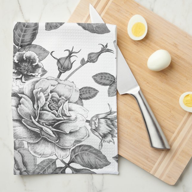 Toallas de cocina con motivos de rosa blanco y neg (Doblado Cuarto)