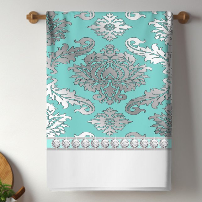 Toallas de cocina de damasco azul Verde azulado de (Pretty teal blue and silver diamond kitchen towel. You can add text to personalize.)