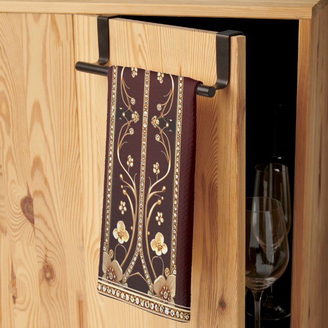 Toallas de cocina de las flores doradas de Borgoña (Pliegue de tercios)