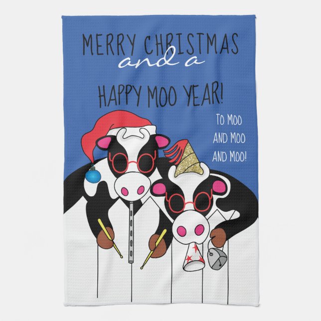 Toallas de cocina Feliz Navidad y Feliz Año Moo (Vertical)