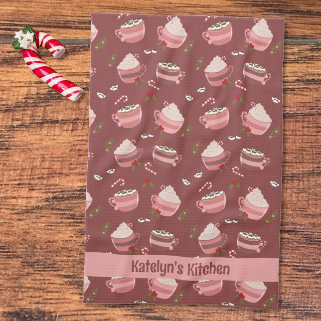 Toallas de cocina festivas para tazas de cacao (Festive hot cocoa mugs doodle pattern Holiday kitchen towel with name . )